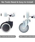 Smooth Rollin Rock Solid Heavy Duty Caster Wheels Set Of 4 With 7 16 Inch Stem swivel wheels installation guide showing pull out and push in steps.