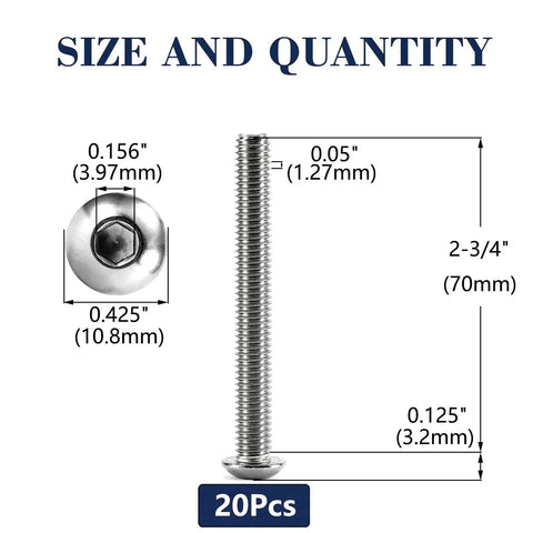 Rock Solid 1/4-20 X 2-3/4 Inch Button Head Socket Cap Bolts, 20 Pack with size details and measurements.