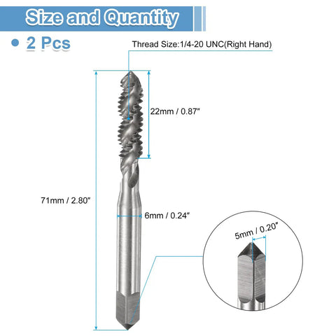 Top Shelf Spiral Flute Thread Taps 1/4-20 Unc 2B Right Hand Machine Threading Bits M2 High Speed Steel Screw Repair Kit 2 Pack dimensions