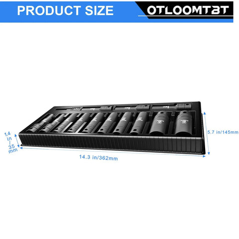 Beefy Heavy Duty 14 Piece Half Inch Impact Socket Set With Deep Sockets Industrial Grade Chrome Vanadium High Torque Includes Drill Socket Adapter Built For Tough Auto And Mechanic Jobs in black with dimensions displayed