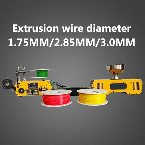 Sleek Desktop 3D Filament Extruder And Auto Coil Winder Churning Out Five Hundred Grams An Hour with filament spools and extrusion diameter settings.