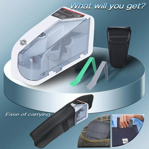 Super Fast Portable Money Counter With Automatic UV And Watermark Detection For Authentic Bill Verification High Speed Cash Counting Machine, grey housing.
