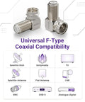 90 Degree Right Angle Coaxial Adapter For RG6 Cables Solid Copper Nickel Plated Elbow Connectors with universal compatibility.