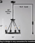 4 Light Wagon Wheel Chandelier Plug In Black Metal Pendant Light With 16.5 Ft Cord And On Off Switch Modern Industrial Style Fixture.