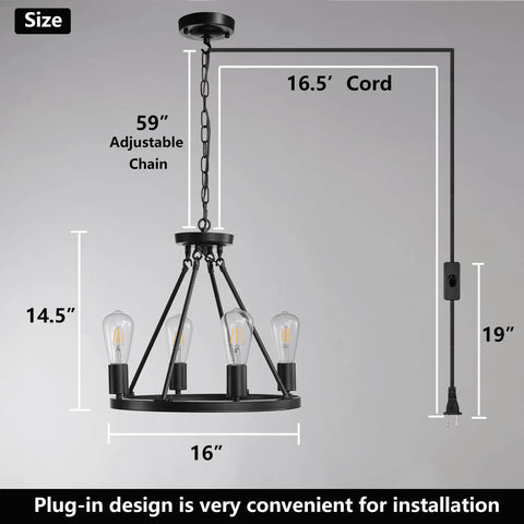 4 Light Wagon Wheel Chandelier Plug In Black Metal Pendant Light With 16.5 Ft Cord And On Off Switch Modern Industrial Style Fixture.