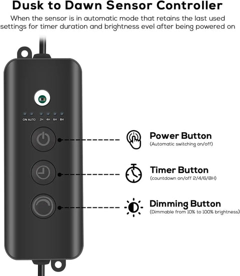 Dusk to Dawn Sensor Controller with power, timer, dimming buttons for Outdoor Landscape Lighting Kit With Dusk To Dawn Sensor Controller For Auto On Off 4 Pack Weatherproof Pathway Garden Yard Spotlights Easy Install Low Maintenance Energy Efficient Perfect For Driveways And Borders