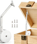 Soft Close Toy Box Hinges With Heavy Duty Zinc Alloy Lid Support And Smooth Quiet Dampers Keeps Lids From Slamming And Prevents Finger Pinch Ideal For Safe Gentle Lids Easy Installation Universal Reversible Mounting For Wooden Boxes And Toy Chests displayed with mounting screws and a wooden toy chest.