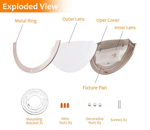 Exploded view of 12 Inch Dimmable LED Wall Sconce With Adjustable 3000K 4000K 5000K Color Temperature components.