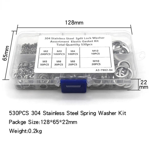 530 Piece 304 Stainless Steel Split Lock Washer Kit With M2 M3 M4 M5 M6 M8 M10 M12 Size Assortment, Heavy Duty Lock Washers That Prevent Nuts And Bolts From Loosening From Vibration, Great For Auto, Machinery, And DIY Projects. 304 stainless steel washer kit in labeled storage case with M2-M12 sizes.