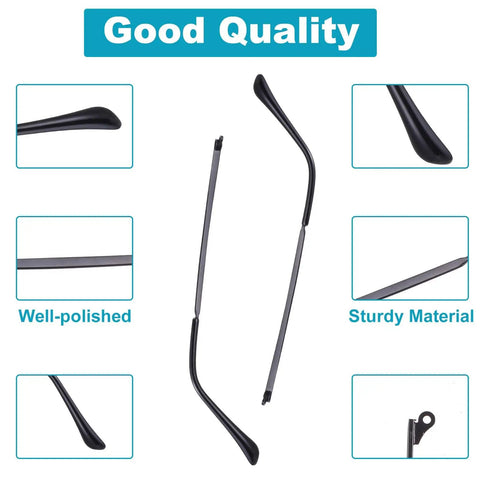 Universal Eyeglasses Repair Kit With Hefty Metal Temple Arms And Precision Screws Heavy Duty Frame Leg Replacement To Snug Up Loose Hinges For Quick Spectacle Fix showing polished black metal temple arms.