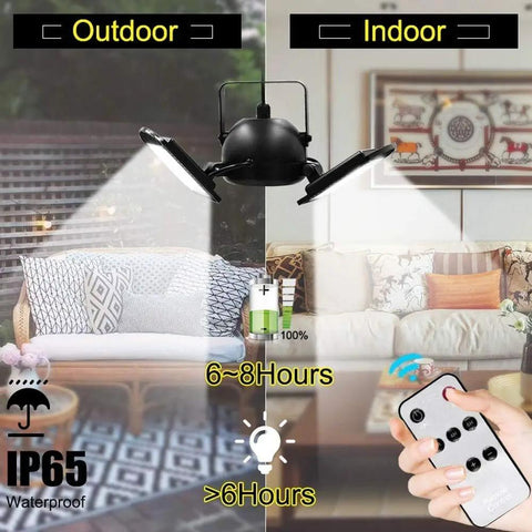 Premium Solar Pendant Light With Remote Control And Sixty Leds illuminates indoor outdoor spaces showing sleek design and remote.
