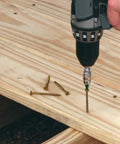 Drill installing R4 No 8 By 2-1/2 Inch Self-Tapping Wood Screws 100 Count With Zip Tip For Multipurpose Wood To Wood Framing
