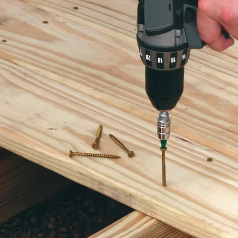 Number 12 14 X 6 3 8 Inch Multipurpose Screws Featuring Fast Bite Zip Tip Tech being installed into wood with a drill.
