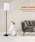 Dope Modern Floor Lamp With Linen Shade next to sofa and dog, black corner standing lamp for living room, sturdy safe base