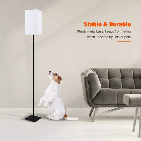 Dope Modern Floor Lamp With Linen Shade next to sofa and dog, black corner standing lamp for living room, sturdy safe base