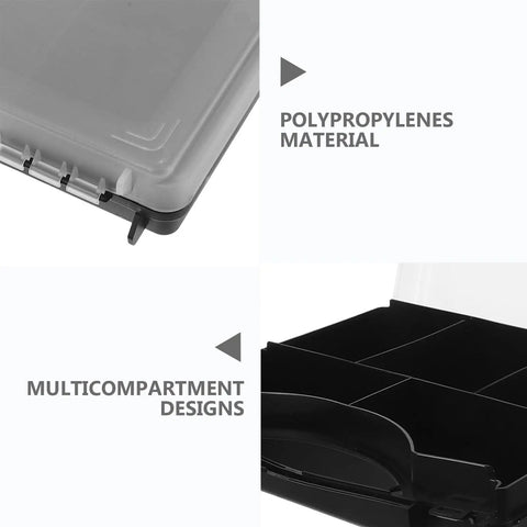 Hella Tough Plastic Parts Organizer Box With Sure Grip Handle and Chunky Dividers showing polypropylene material and multi-compartments.