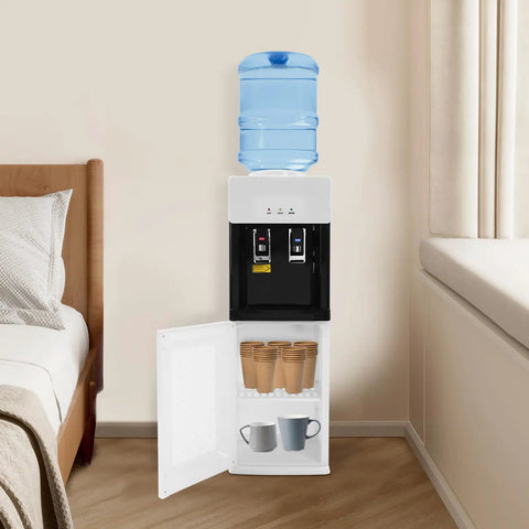 Hot And Cold Water Dispenser With Five Gallon Top Loading Electric Heater And Cooler No Fuss Child Lock in bedroom setup