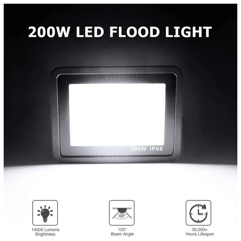 JUDYSSY 200W Led Flood Light with IP66 waterproof rating shows bright white light and features 14000 lumens brightness.