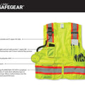 Step Up Your Job Site Game With This Heavy Duty High Visibility Surveyor Safety Vest Packing Two Tone Reflective Tape, Smooth Full Zipper, Ansi Class 2 Type R Certified Build, And Baggy Fit Utility Pockets In 2Xl Or 3Xl Fits, showing internal and external pockets.