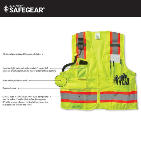 Step Up Your Job Site Game With This Heavy Duty High Visibility Surveyor Safety Vest Packing Two Tone Reflective Tape, Smooth Full Zipper, Ansi Class 2 Type R Certified Build, And Baggy Fit Utility Pockets In 2Xl Or 3Xl Fits, showing internal and external pockets.