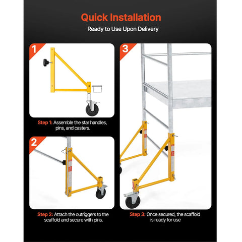 Quick installation guide for Rolls Like Butter 4 Pack Baker Style Scaffold Outriggers with heavy-duty swivel casters.