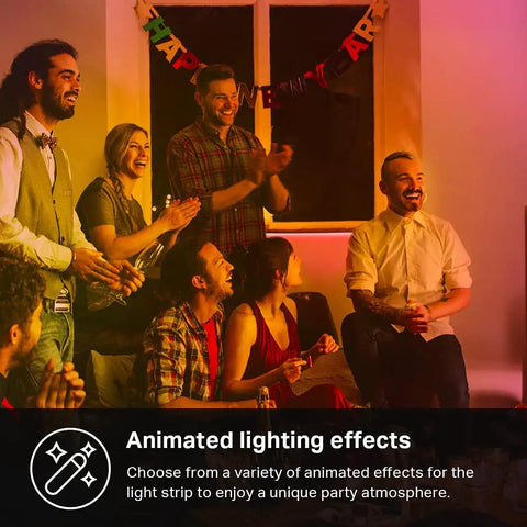 Group of people enjoying party with Smart LED Light Strip 16.4 Ft WiFi Compatible With Alexa Google Home And SmartThings RGB 16 Million Colors.