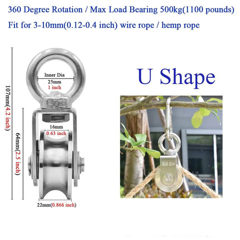 Heavy Duty Pulley Wheel Built Tough With Two Bearings For Rope Loading And Washing Line, 360 Degree Swivel U-Type Pulley