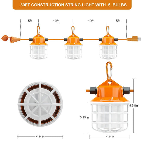 Industrial Grade 50Ft LED Construction String Lights Linkable IP65 Outdoor Work Lighting 5000K five bulbs with hook detail