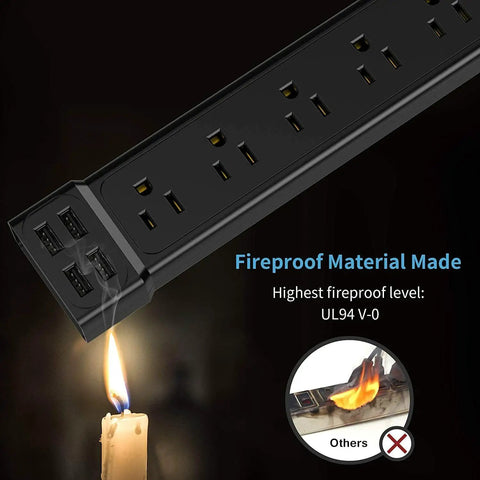 Fireproof Six Outlet Surge Protector With Four USB Ports And Flat Plug Extension Cord Wall Mount Power Strip for safety.