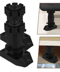 Adjustable Furniture Legs for Cabinets Black 4 Pack Heavy Duty ABS Leveling Feet in close-up and installed views