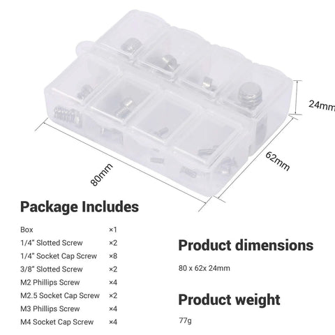 Camera Screw Set AAK2326 26 Pcs For Accessories with various screws in clear plastic box dimensions 80x62x24mm, weight 77g.