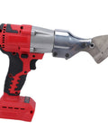 Heavy Duty Cordless Metal Shears With 360 Degrees Rotating Head Stepless Speed Control Electric Cutting Scissors featuring a red and silver design.