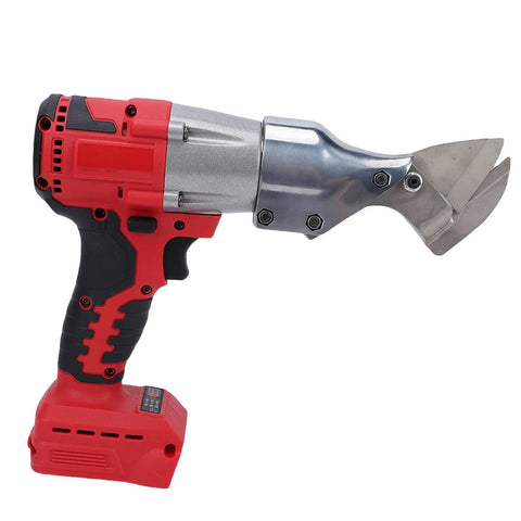 Professional Cordless Electric Metal Shears With 360 Degree Rotating Head And Stepless Speed Control showing side view with red handle.
