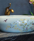 Bathroom Vessel Sink, Countertop Basin Bird Kitchen Basin Sink, Ceramic Sink with floral design, round shape.