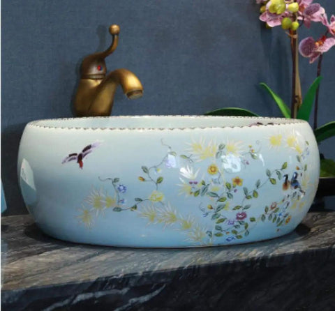 Bathroom Vessel Sink, Countertop Basin Bird Kitchen Basin Sink, Ceramic Sink with floral design, round shape.