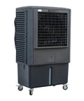Industrial Swamp Cooler With 22000 CFM And 46 Gallon Water Tank Delivers Serious Chill For Warehouses Workshops And Outdoor Events, black color with wheels.