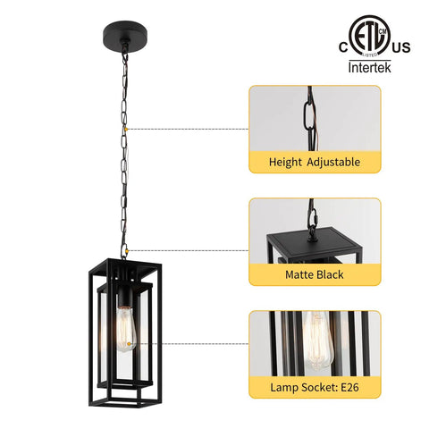 Dope 14 Inch Outdoor Pendant Light For Front Porch Featuring Adjustable Six Foot Chain And Sleek Vintage Metal Shade For Patio Entryway Hanging Lamp, matte black metal with adjustable chain.