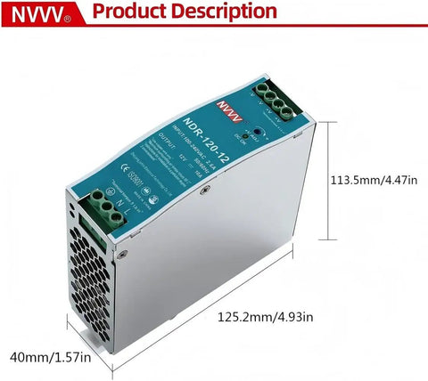 DIN Rail 12V DC 10A Power Supply For Control Panels And Automation, 120W Switching Converter, Input 85 to 264VAC, Output 12V DC, Easy Mount On DIN Rail, High Efficiency And Rock Solid Regulation For PLC Pros, metal case, 125.2 x 113.5 x 40 mm