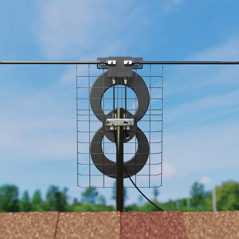 Multi Directional Indoor Outdoor TV Antenna With 60 Plus Mile Range UHF VHF Reflector For Focused HD Signals on roof mast