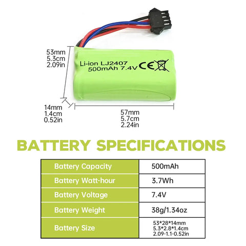 7.4V 500mAh SM-4P Plug Rechargeable Battery With Dope USB Charging Cable For EC16 DE85 RC Toy Car Model Dirt Bike M416 Gel Ball Blaster Spare Power Pack For RC Battle Games
