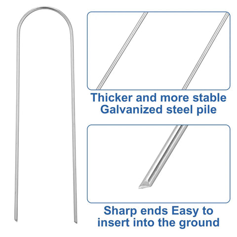 Close-up of U Shape Drip Irrigation Stakes Pack Of 150 Heavy Duty Galvanized Garden Staples 6 Inch Rust Resistant Landscape Stakes with sharp ends for securing