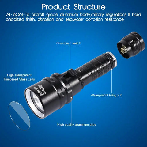 AP20 Scuba Dive Light 2000 Lumens Beast Bright Waterproof Underwater Torch With Rechargeable Battery And Charger Built For Deep Dives