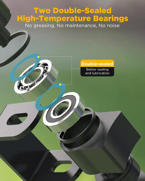 Two double-sealed high-temperature bearings for weldable gate hinges, showing noise-reducing and maintenance-free design.
