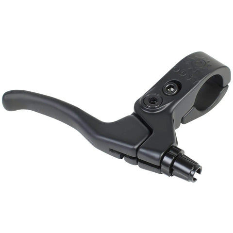 Close-up of Springfield Medium BMX Brake Lever For Right Side With Short Pull Actuation, Die Cast Clamp, black aluminum finish