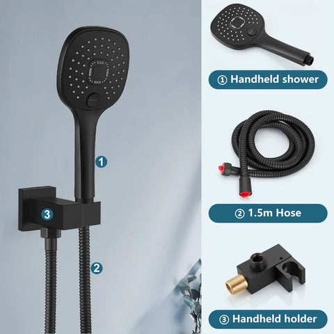 ABS 3-function handheld sprayer with 1.5m hose and holder from Matte Black Rain Shower System With Wall Mount, 8 Inch Square High Pressure Rain Shower Head, ABS 3-Function Handheld Sprayer, Rough-In Valve Body And Trim Included, Mixer Combo Set Easy DIY Install.
