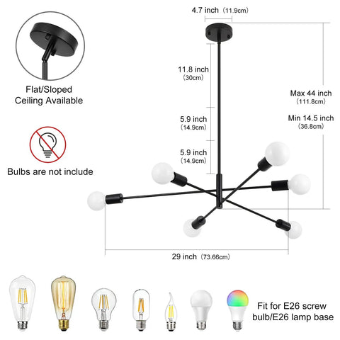 Diagram of Six Light Black Orbital Style Chandelier For Dining Room And Living Spaces, Dope Mid Century Modern Ceiling Fixture, 26 Inch Diameter.
