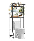 Over The Toilet Storage Cabinet Three Tier Metal Bathroom Shelf Organizer With Paper Holder And Hooks Black Finish