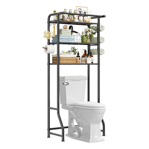 Over The Toilet Storage Cabinet Three Tier Metal Bathroom Shelf Organizer With Paper Holder And Hooks Black Finish