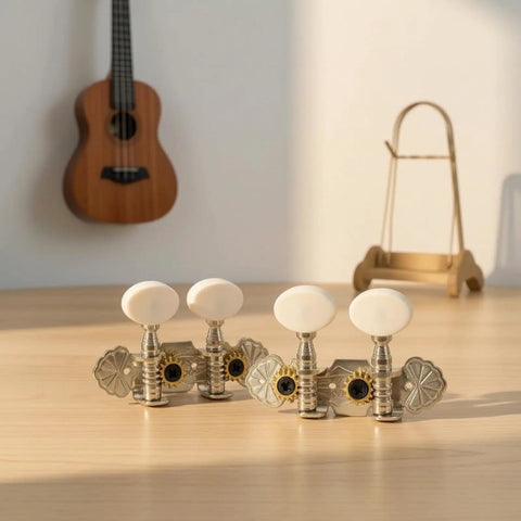 Premium White Ukulele Tuner Pegs And Keys With Smooth Gear Action Compact Metal Alloy Machine Heads Featuring Decorative Plates Easy Install Hardware Set For Seamelss Sound on wooden table.