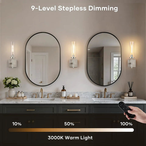 Bathroom scene featuring Wireless Wall Sconces with Remote Control, 10000mAh Battery Operated Wall Sconce Set of 2, Brushed Nickel, 3000K.